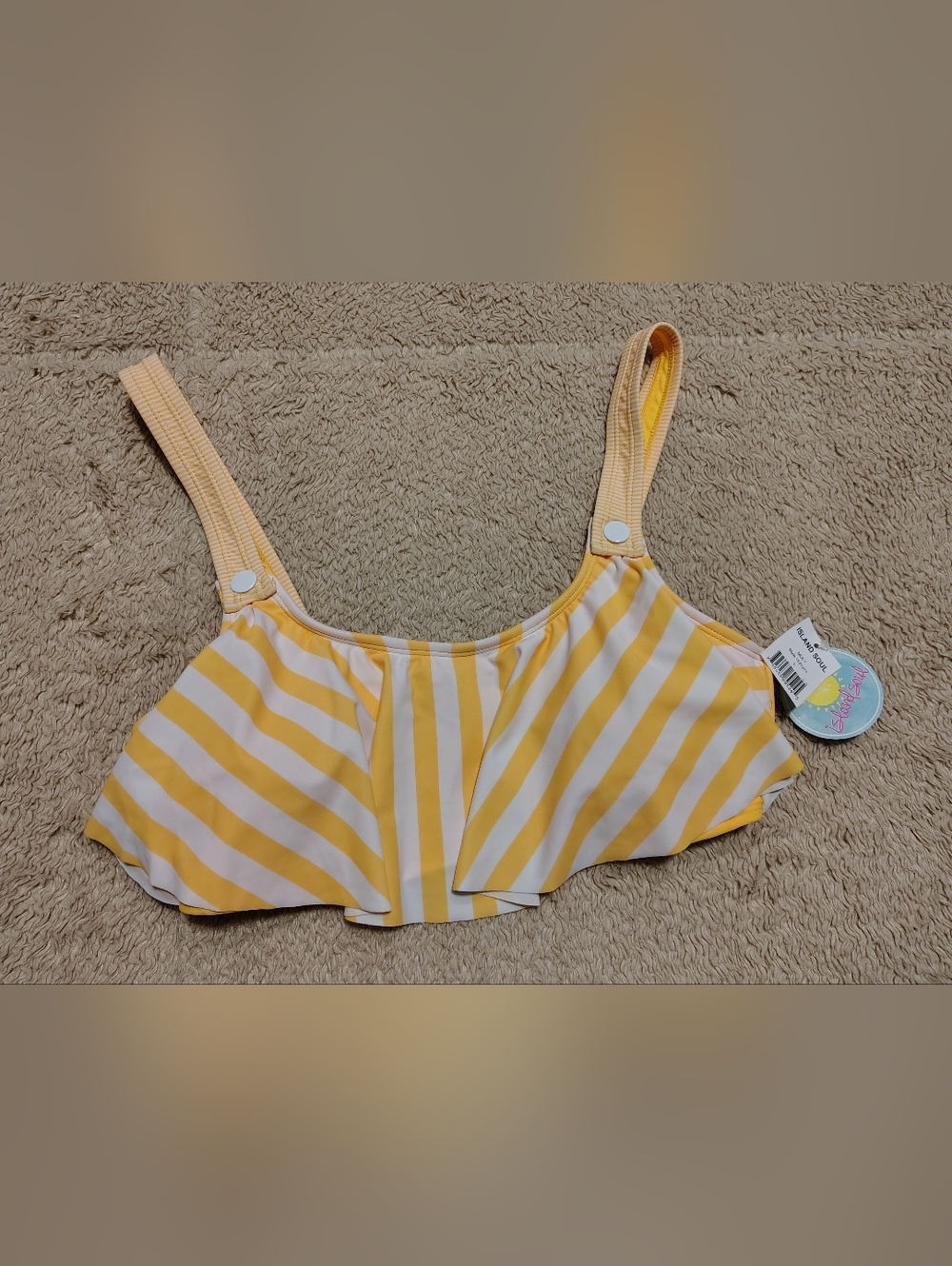 NWT Island Soul Bikini Top Yellow White Stripe Size Large Wide Straps Adjustable